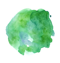 Watercolor green dot with drips and stains isolated on white background, minimalistic hand-painted illustration