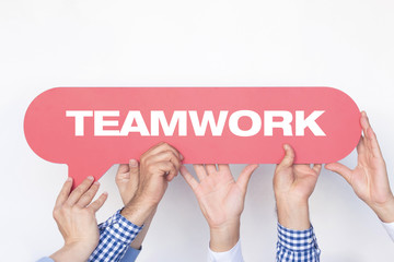 Group of people holding the TEAMWORK written speech bubble