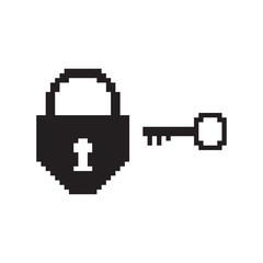 Pixel art lock and key. Vector 8 bit game web icon isolated on white background.