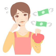 がま口財布を持つやりくり下手な若い主婦　エプロン　美人　フラット　イラスト
