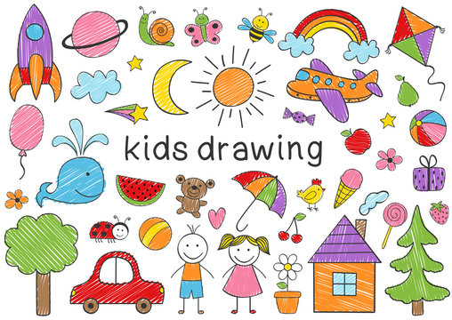 set of isolated colored kids drawing - vector illustration, eps