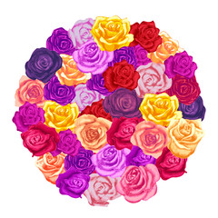 A lot of lovely colorful rosebuds arranged in round shape on white