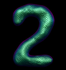 Number 2 two made of natural green snake skin texture isolated on black