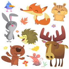 Forest animals vector illustration. Cartoon bird, hedgehog, beaver, bunny rabbit, chipmunk, fox, mouse and moose