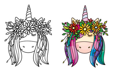 Vector cute  unicorn portrait  in wreath,  black silhouette and colored, isolated on white.