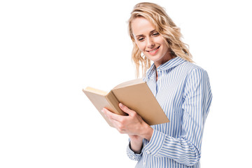 smiling attractive woman reading book isolated on white