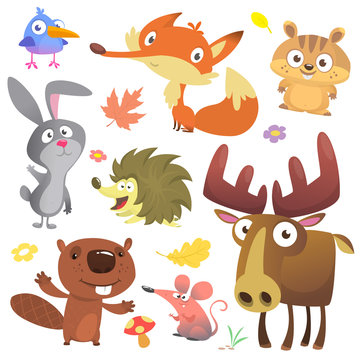 Set of cute woodland animals isolated on white background. Cartoon bird, hedgehog, beaver, bunny rabbit, chipmunk, fox, mouse and moose elk. Vector illustration