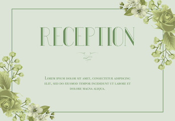 Reception card template with blossom, rose and lily of valley on light green background. Text in frame can be used for wedding invitations, postcards, save the date design