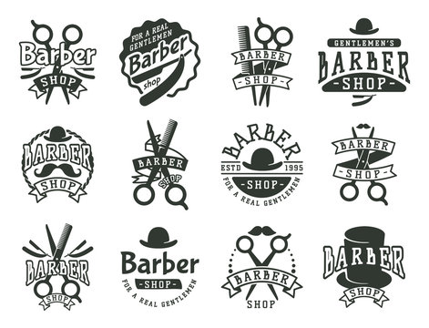 Vintage barber vector logo retro style haircutter typography flourishes calligraphic barbershop icon illustration.