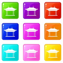 Pagoda icons of 9 color set isolated vector illustration