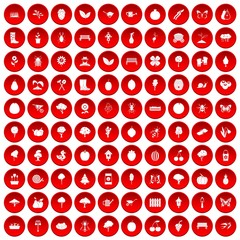 100 gardening icons set in red circle isolated on white vector illustration