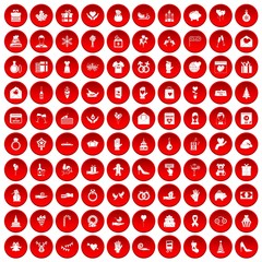 100 gift icons set in red circle isolated on white vector illustration