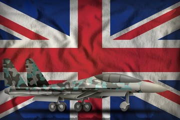 fighter, interceptor with winter camouflage on the United Kingdom (UK) state flag background. 3d Illustration