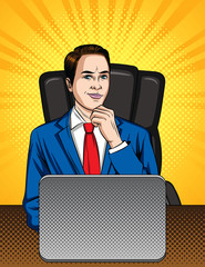 Vector colorful comic pop art style illustration of a manager sitting on the chair in the office. Businessman thinking at his working place