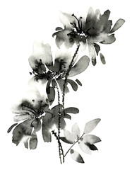 Ink painted flower. Hand painted illustration of flowers with leaves. Oriental traditional painting in style u-sin, sumi-e. © ola_tarakanova