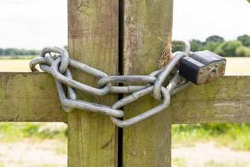 Fototapeta premium Gate locked with a metal chain and padlock