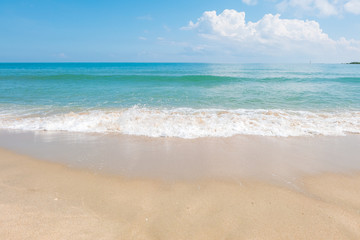 HDR shot of sea shore with wave and white sand during summer day in thailand (selective focus and...