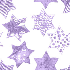 Fototapeta premium Seamless Watercolor Stars Pattern. Magic Festive Background. Hand Drawn Doodle Stars. Baby Design. Abstract Rapport for Wallpaper, Textile, Linen, Wrapping, Posters, Cards, Banner. New Year, Birthday 