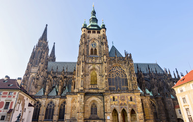 Gothic architectured St. Vitus Cathedral from bottom