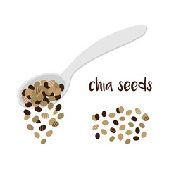 Vector cartoon, doodle illustration of chia seed falling from the spoon and pinch of chia seeds isolated on white background.

