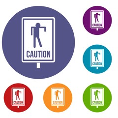 Zombie road sign icons set in flat circle red, blue and green color for web