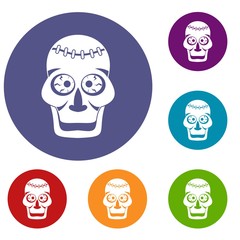 Skull icons set in flat circle red, blue and green color for web