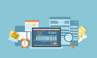 Tax payment via laptop. Mobile payment service. Government, State taxes. Tax form, financial calendar, magnifying glass, money, gold coins, credit card, invoices, alarm clock. Vector background.
