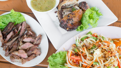 Thai Cuisine, Green papaya salad, call somtom in Thai with selective focus