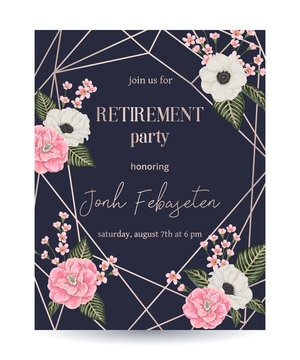 Retirement party invitation. Design template with rose gold polygonal frame and floral elements in watercolor style. Pink camellias, anemone and alstroemeria flowers. Vector illustration