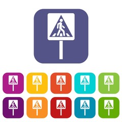 Pedestrian sign icons set vector illustration in flat style in colors red, blue, green, and other