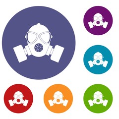 Respirator icons set in flat circle red, blue and green color for web