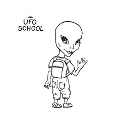 Alien humanoid boy going to school with bag on shoulders, hand drawn doodle, sketch, vector outline illustration