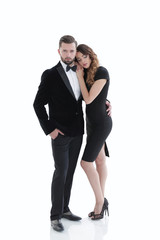 portrait of an elegant woman in a black dress hugging her lover