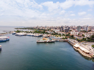 Fototapeta na wymiar Aerial Drone View of Bostanci Sea Bus and Steamboat Ferry Pier / Istanbul Seaside