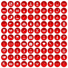 100 medical icons set in red circle isolated on white vector illustration