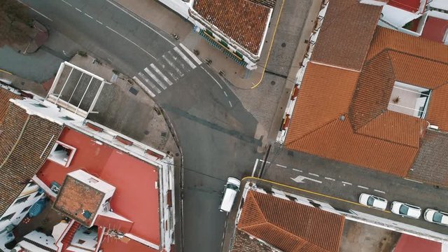 Aerial Cazalla de la Sierra, Sevilla, Spain. The car rides through the narrow streets of the city. May 2018, 4K.