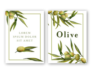 Watercolor olive branch with leaves. Card, label for olive oil. Green eco food. Greeting or invitation to presentation extra olive oil