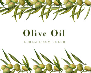 Watercolor olive branch and leaves. Frame for decor label for olive oil. Green eco food. Greeting, card or invitation. Decoration elements