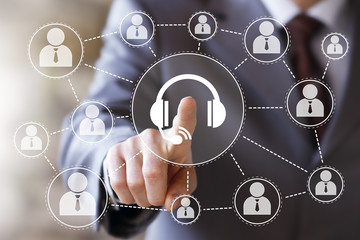 Businessman hand press button support service in network internet