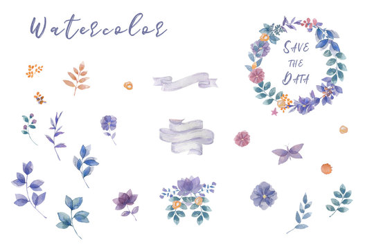 Indigo watercolor flowers bouquet, ready frames floral set painting leafs design flowers for wedding, celebration, party on white background