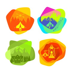 Set of bright colored logos for camping and outdoor recreation