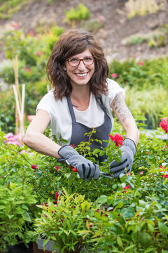 Fr&ouml;hlich l&auml;chelnde G&auml;rtnerin beim schneiden der Rosenpflanzen