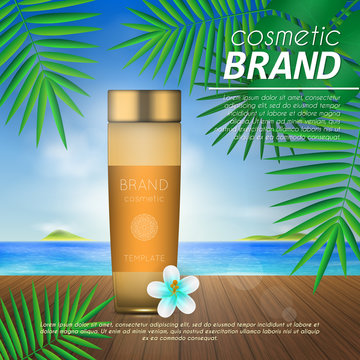 Summer sunblock cosmetic design template on beach background with exotic palm leaves. 3D realistic sun protection and sunscreen product ads.