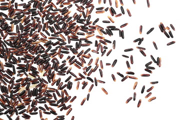Organic black rice isolated on white background, top view