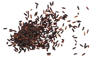 Organic black rice isolated on white background, top view