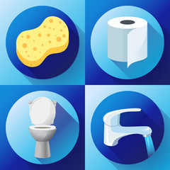 White ceramics vector toilet bowl icon. modern toilet in flat style. Water tap with flowing water, toilet paper icon, Yellow shower sponge icon. Vector illustration
