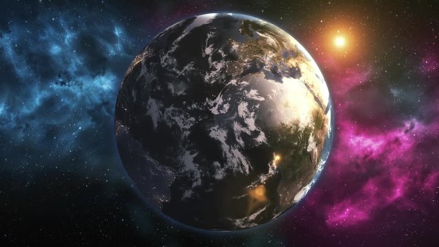 Realistic Planet Earth from space. On the planet Earth, there is a change of day and night. Colorful milky way animation. Elements of this image furnished by NASA.