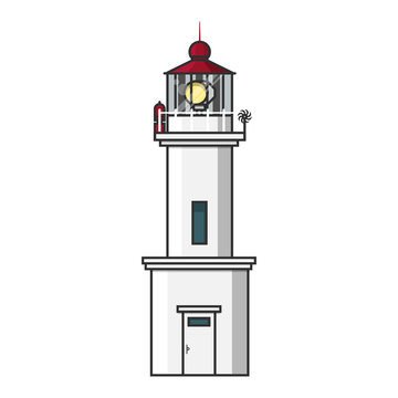 White lighthouse with red roof.Outline illustration.
