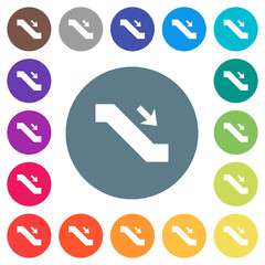 Escalator down sign flat white icons on round color backgrounds