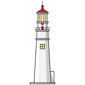 Tall white lighthouse with red roof.Outline vector icon.